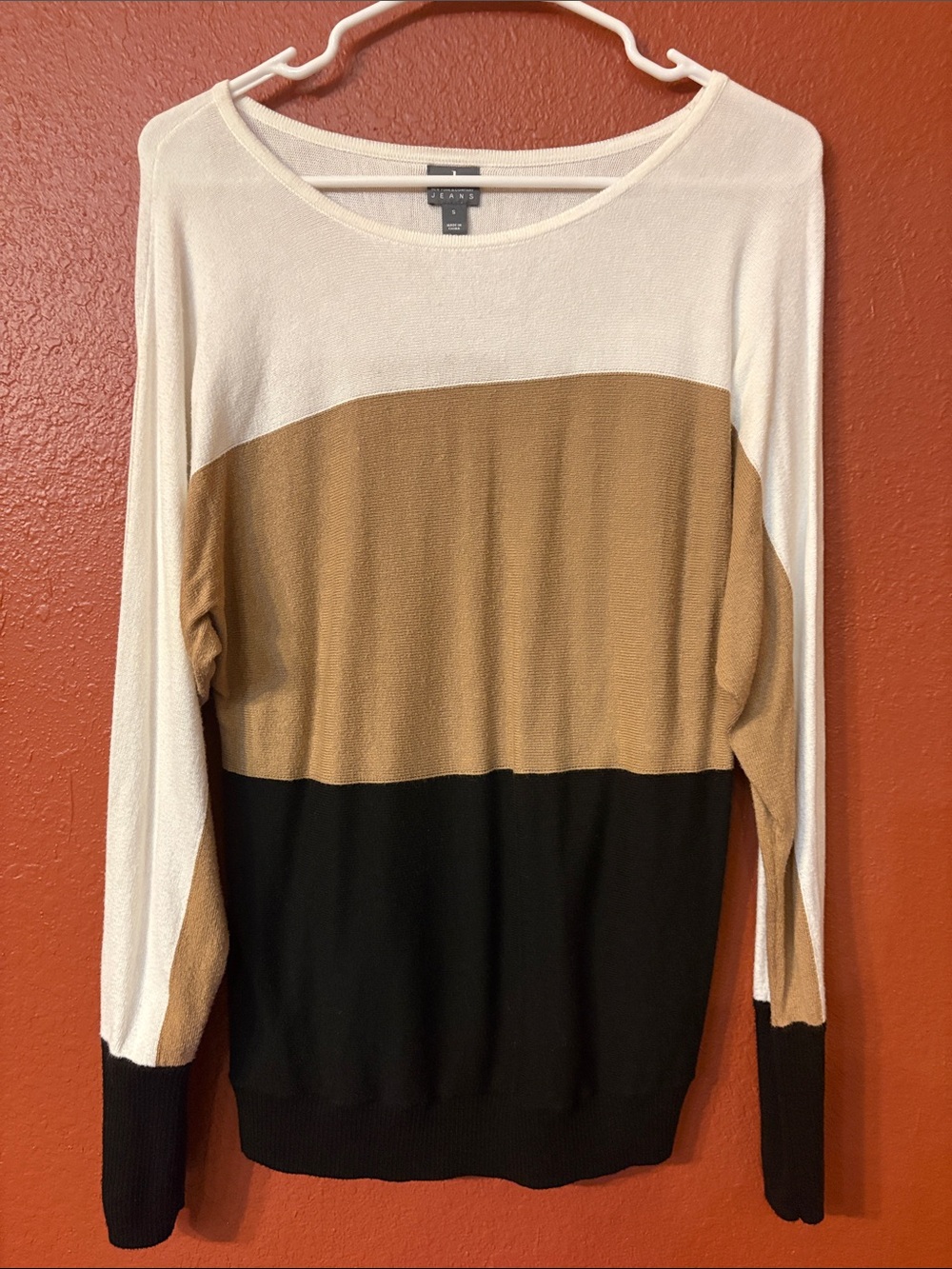 Soho Apparel Colorblock Crewneck Sweater in Cream, Tan & Black